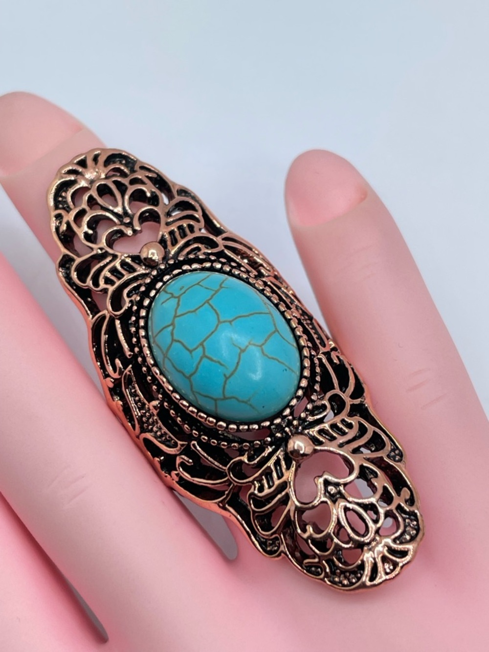 Copper Tone Turquoise Howlite Filigree Ring Boho Western Statement